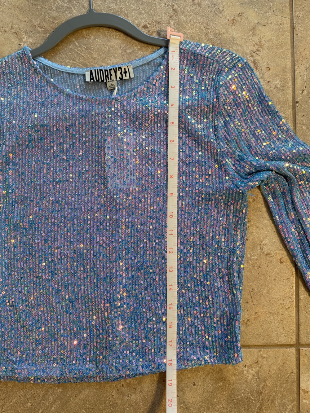 🩵🩷Audrey 3+1 Holiday Party Blue Cotton Candy Sequin Long Sleeve Crop NWT Large - Picture 4 of 13